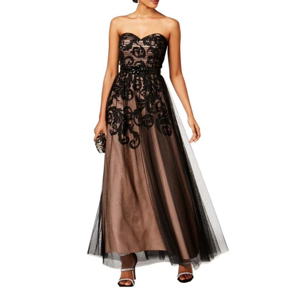 Elegant Black and Tan Strapless Prom Dress